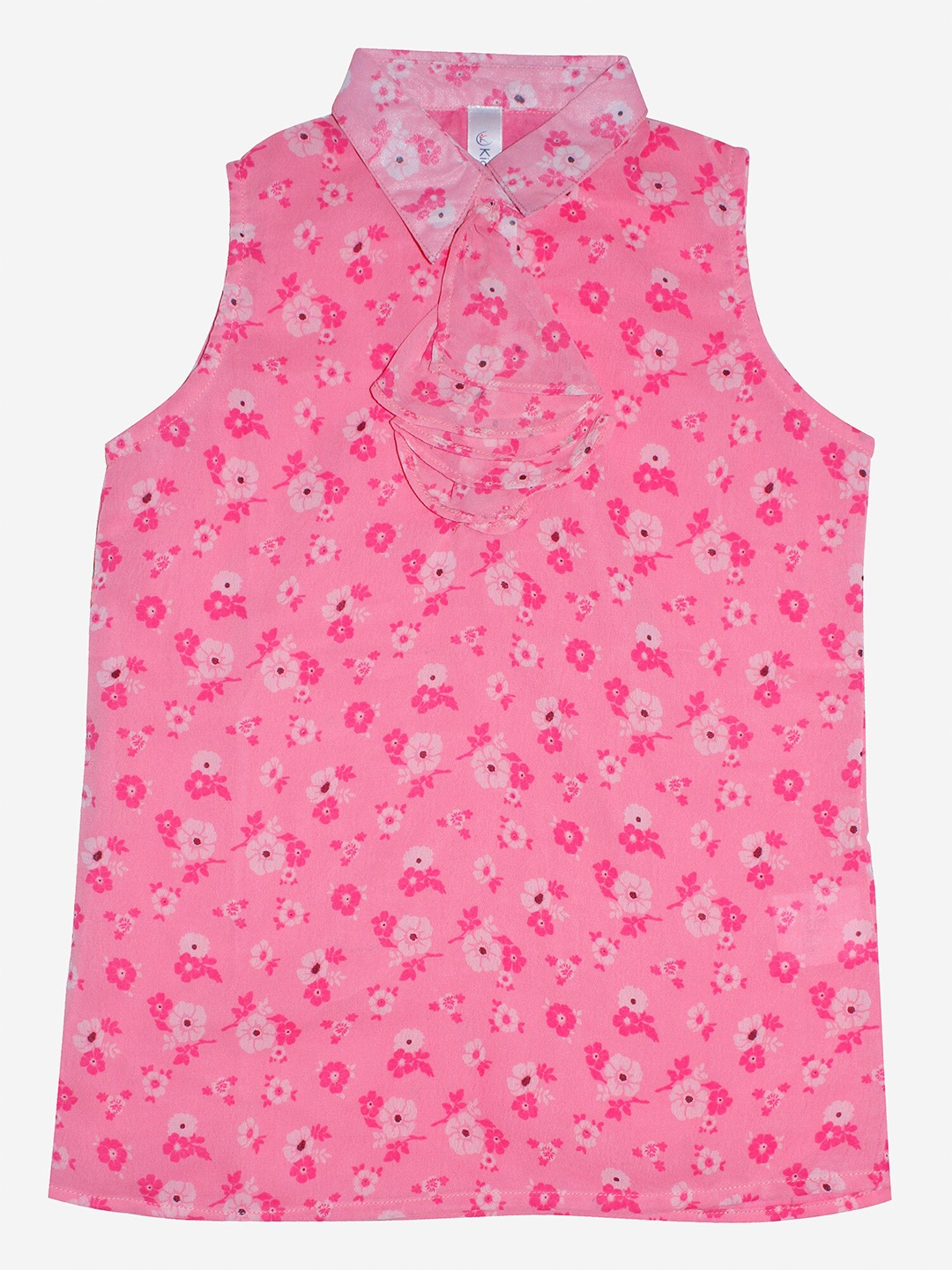 

KiddoPanti Pink Print Mandarin Collar Georgette Top