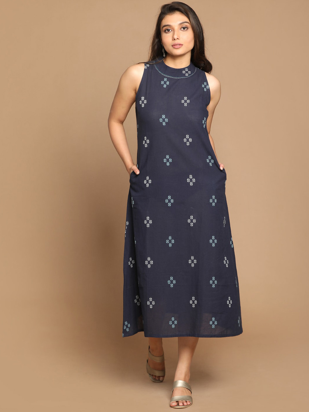 

Earthwear Women Navy Blue Indigo Cotton Dobby Halter Neck Dress