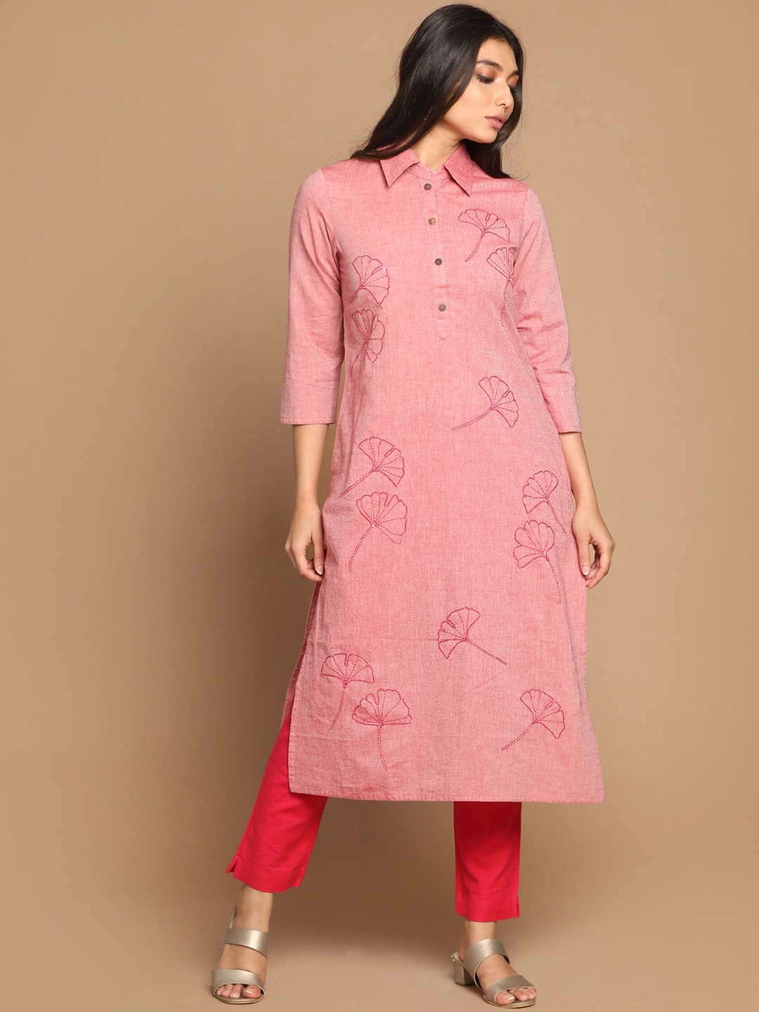 

Earthwear Women Pink Cotton Straight Kurta with Kantha Hand Embroidery, Red