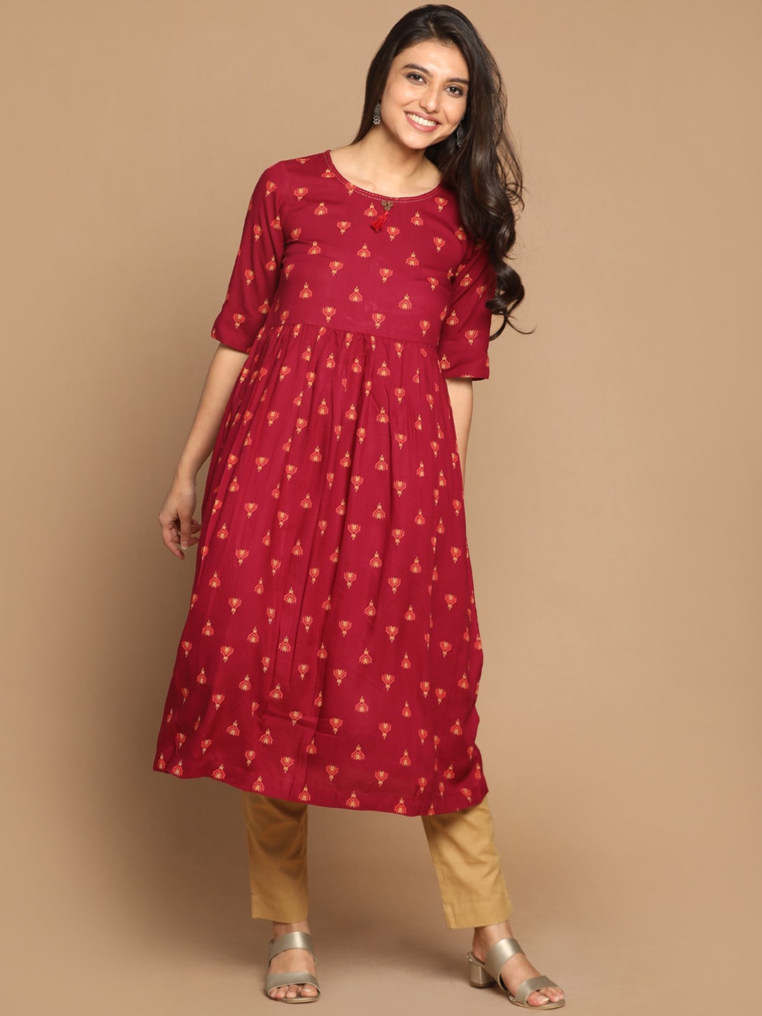 

Earthwear Women Burgundy Gathered Dress with Hand Embroidery