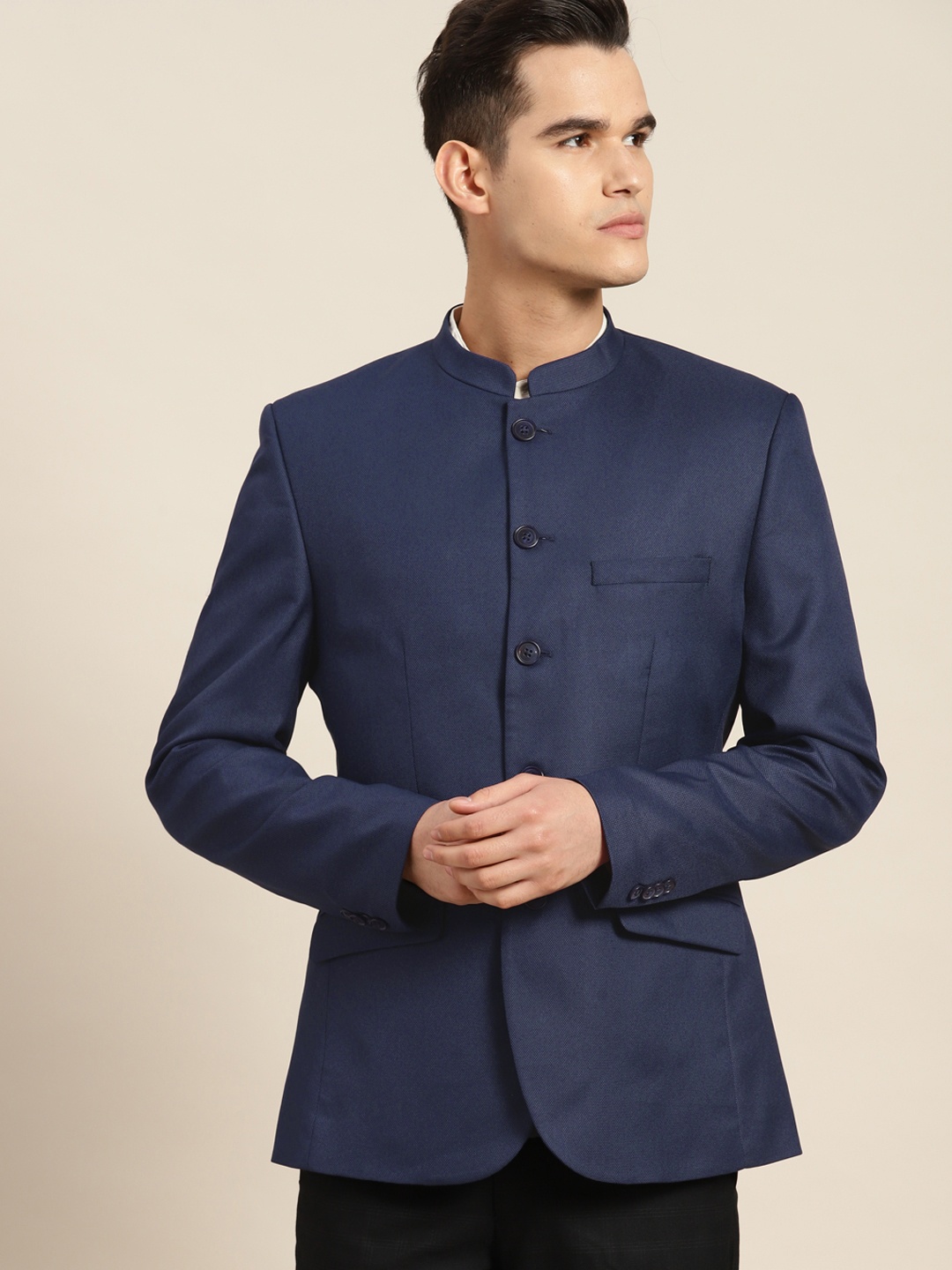 

INVICTUS Textured Single-Breasted Slim Fit Bandhgala Blazer, Navy blue