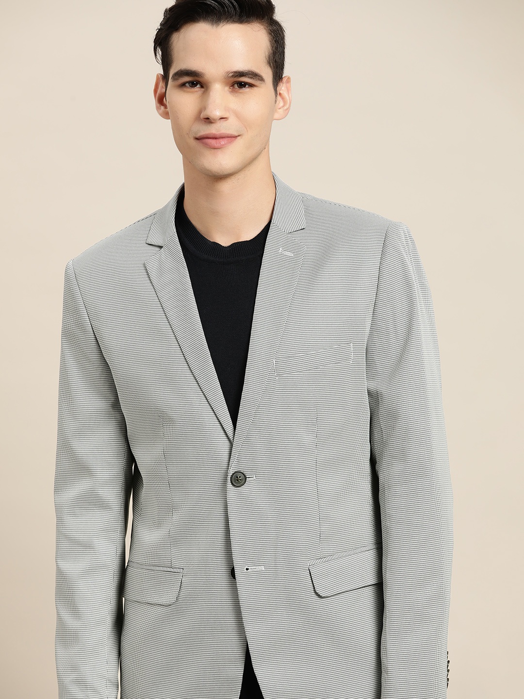 

INVICTUS Green & White Self-Striped Single-Breasted Slim Fit Smart Casual Blazer