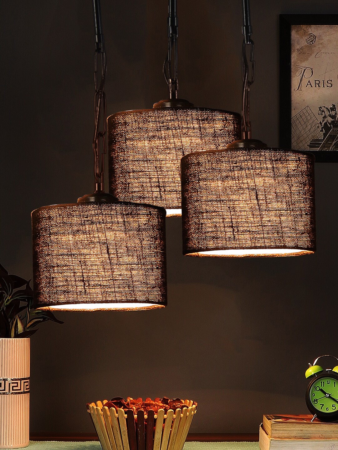 

Devansh Set Of 3 Brown Solid Jute Drum Hanging Ceiling Lamp