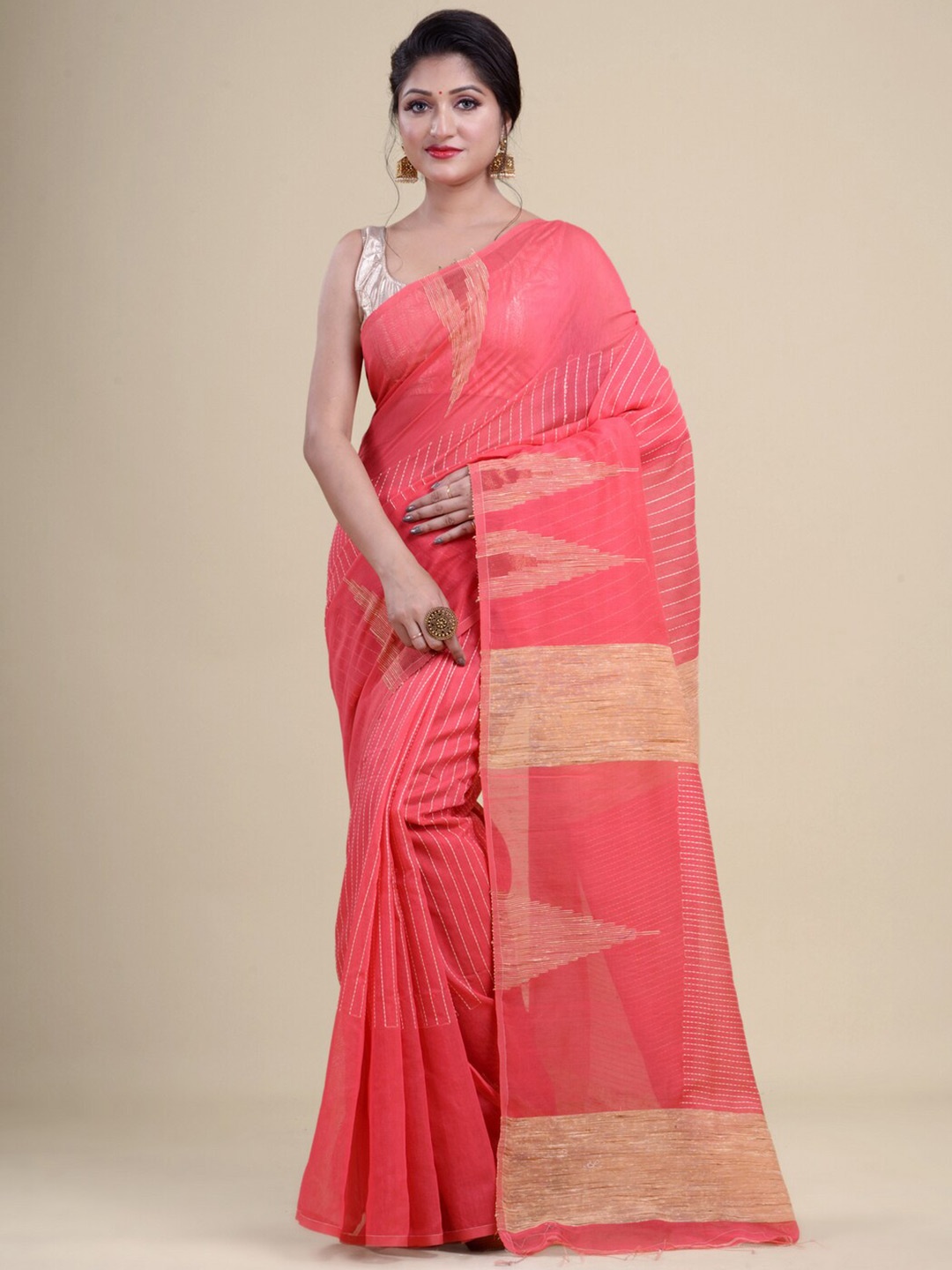 

Laa Calcutta Pink & Gold-Toned Woven Design Zari Silk Cotton Jamdani Saree