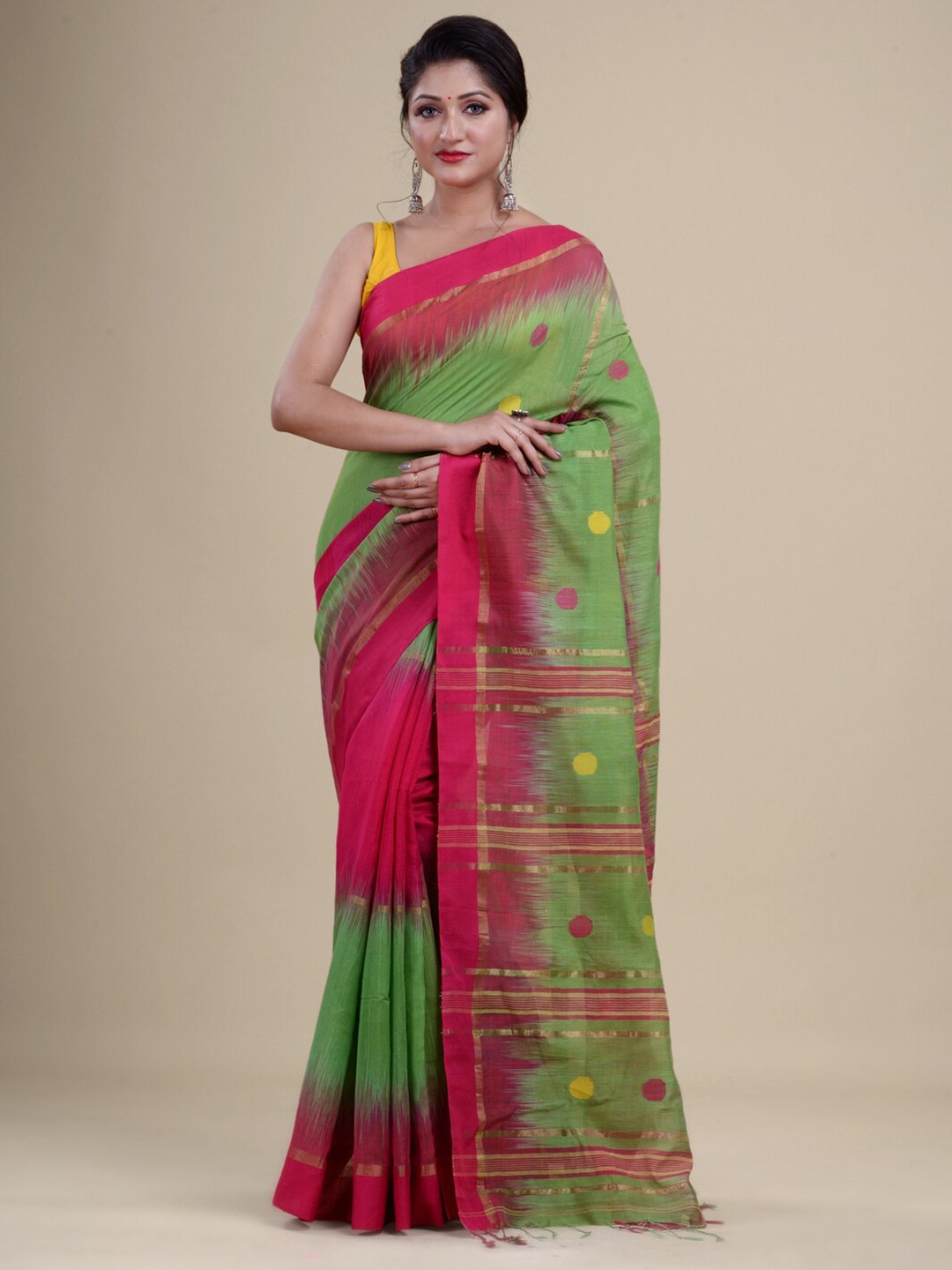 

Laa Calcutta Green & Pink Woven Design Zari Silk Cotton Jamdani Saree