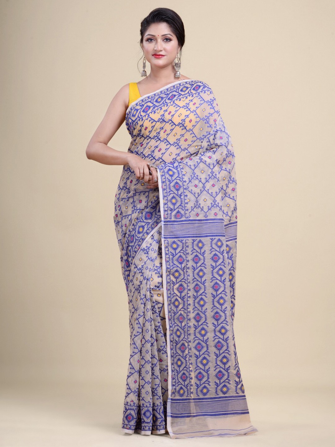

Laa Calcutta Off White & Blue Woven Design Zari Silk Cotton Jamdani Saree