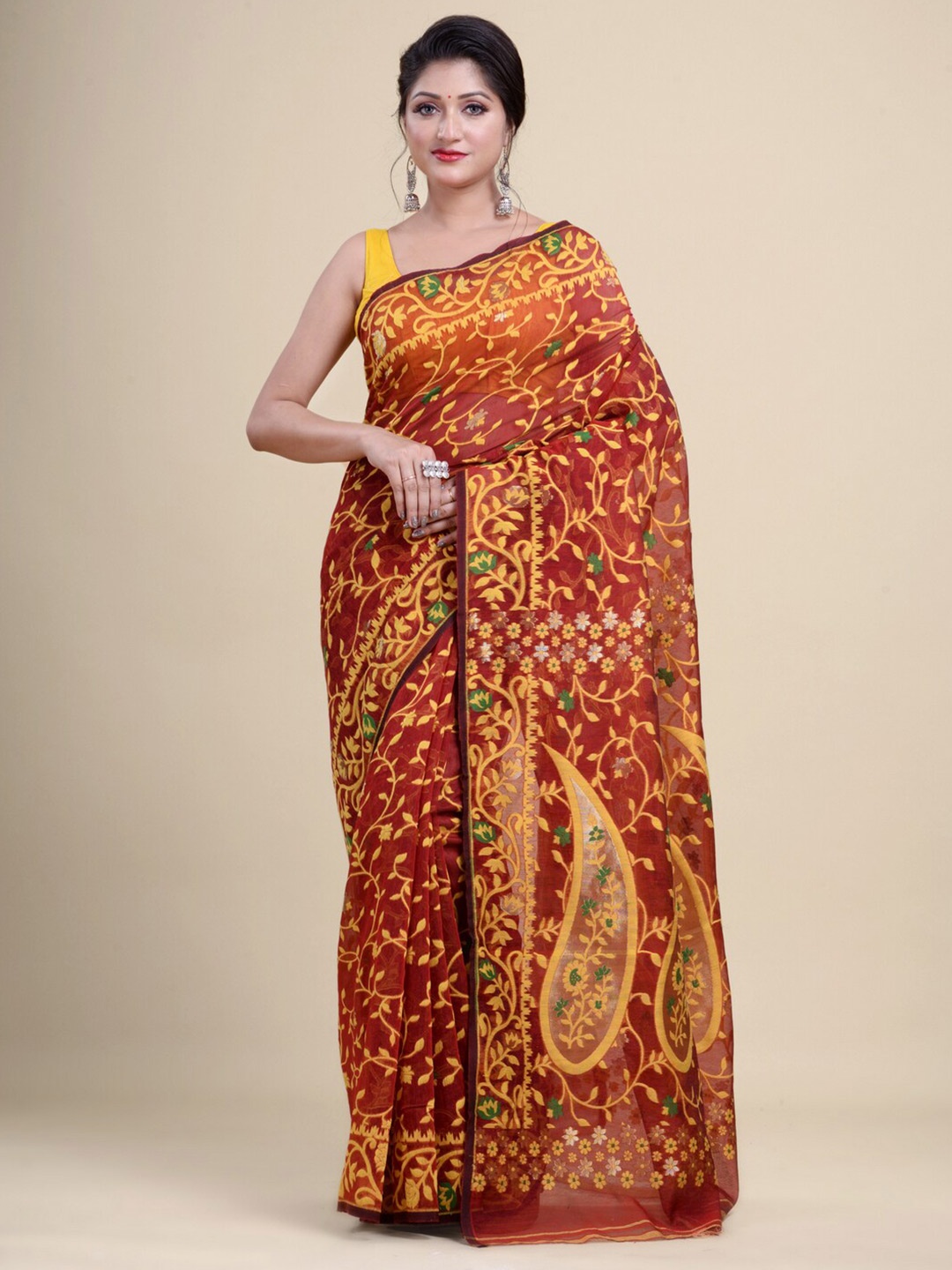 

Laa Calcutta Maroon & Yellow Woven Design Silk Cotton Jamdani Saree