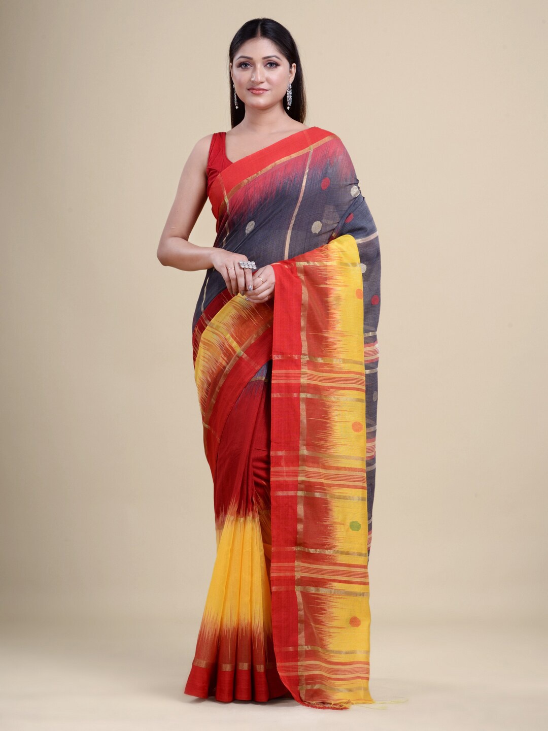 

Laa Calcutta Yellow & Red Woven Design Silk Cotton Jamdani Saree