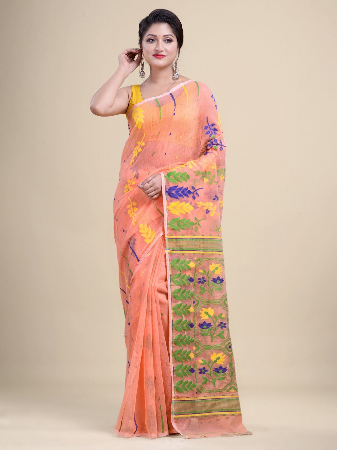

Laa Calcutta Peach-Coloured & Blue Woven Design Silk Cotton Jamdani Saree