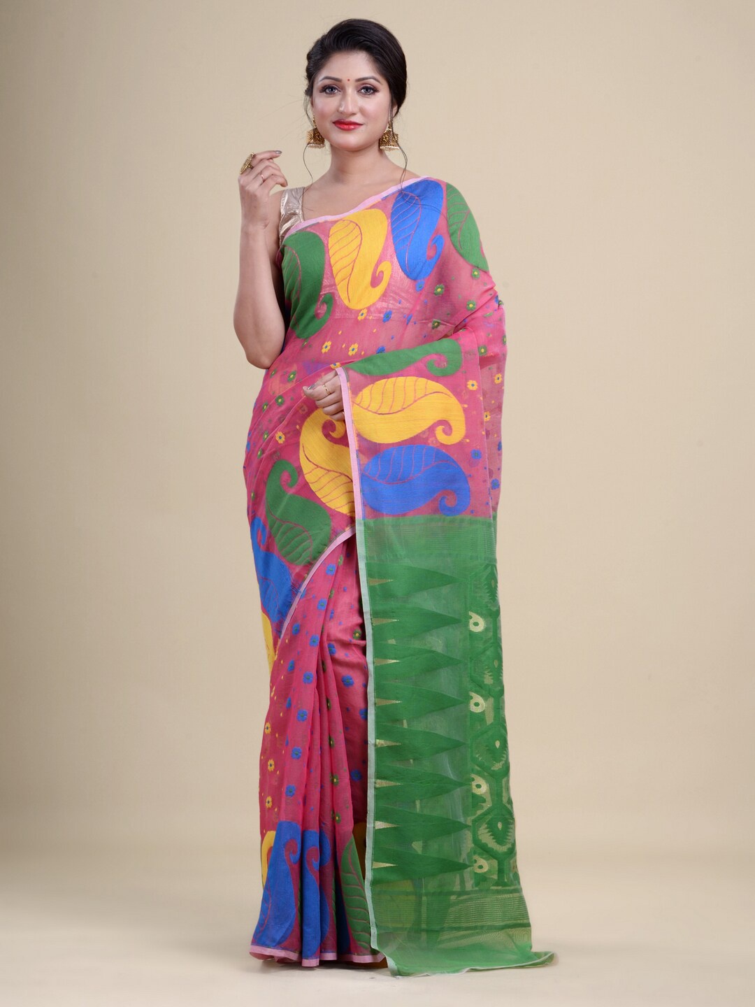

Laa Calcutta Pink & Green Woven Design Silk Cotton Jamdani Saree