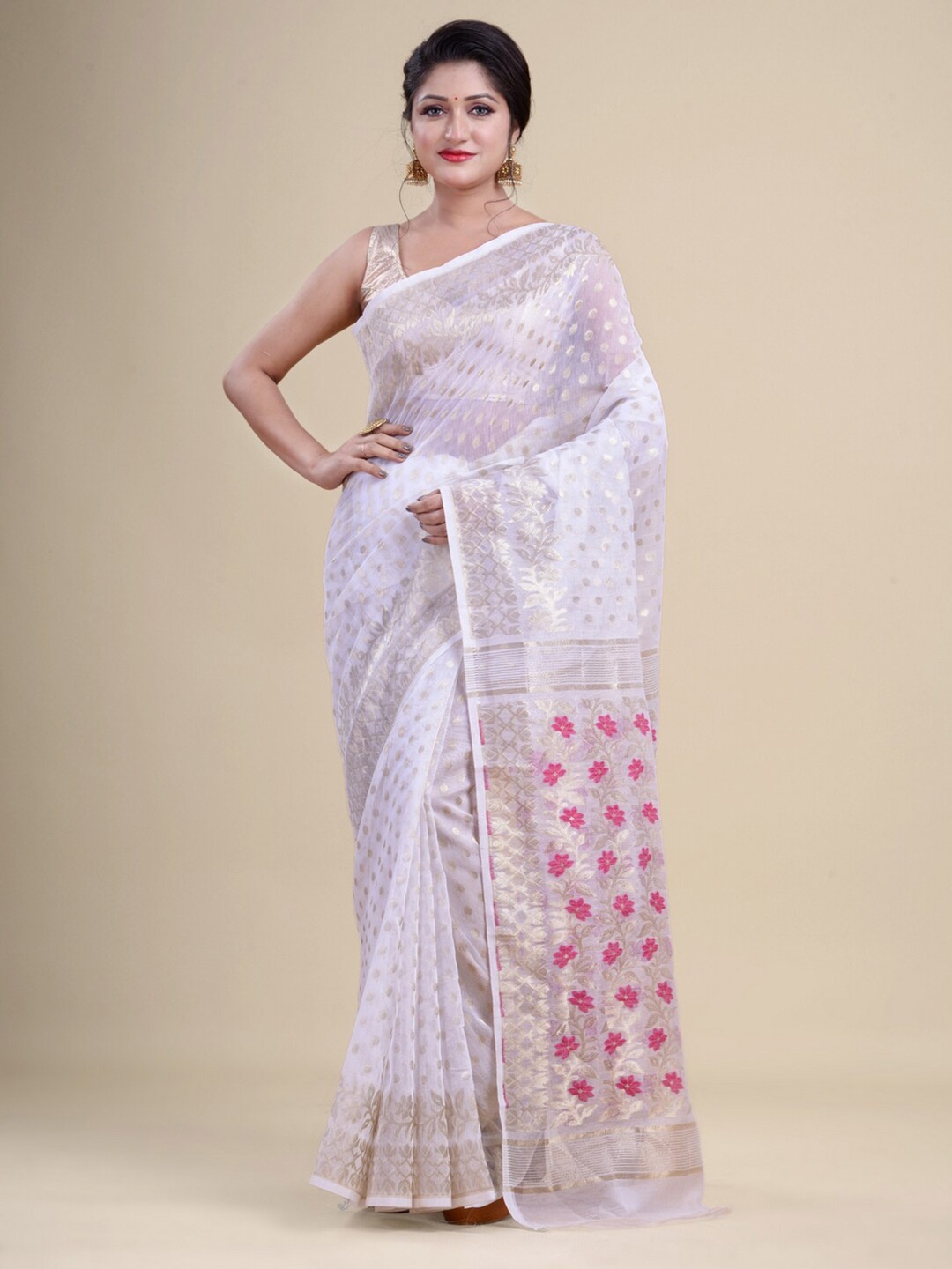

Laa Calcutta White & Pink Woven Design Zari Silk Cotton Jamdani Saree