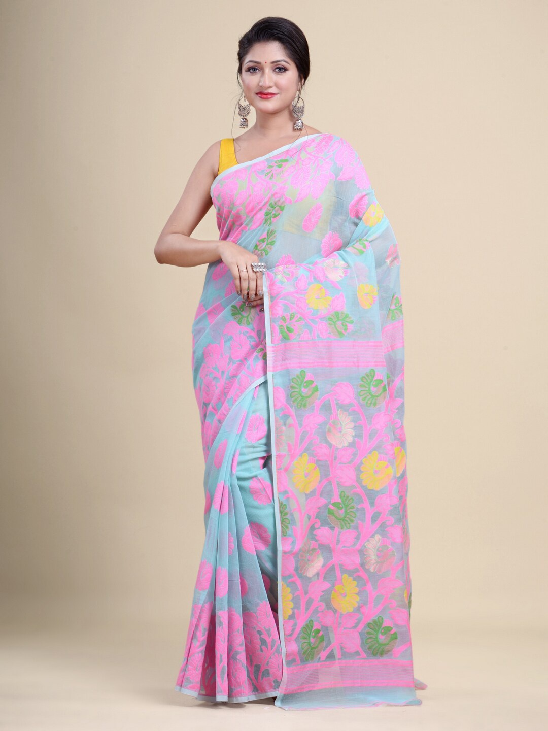 

Laa Calcutta Sea Green & Pink Woven Design Zari Silk Cotton Jamdani Saree