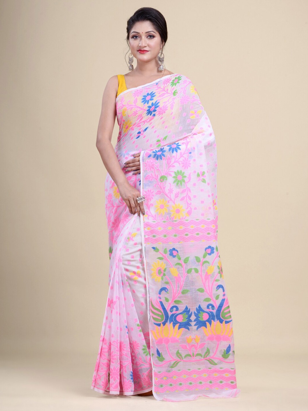 

Laa Calcutta White & Pink Woven Design Silk Cotton Jamdani Saree