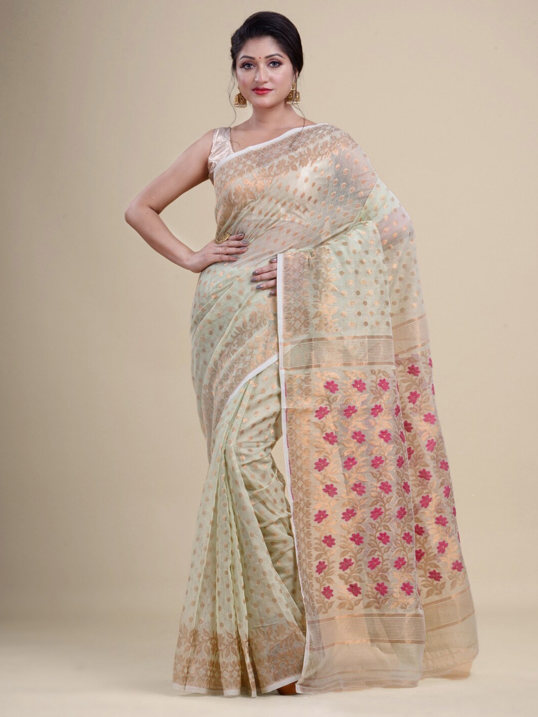 

Laa Calcutta Green & Pink Woven Design Zari Silk Cotton Jamdani Saree