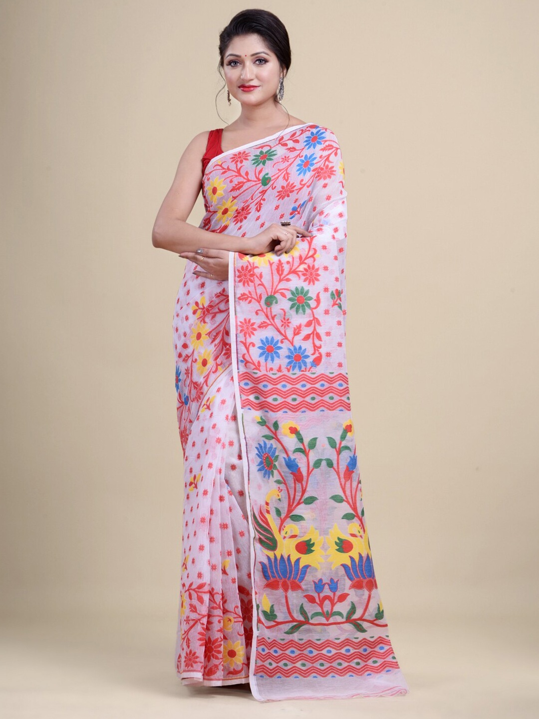 

Laa Calcutta White & Yellow Woven Design Silk Cotton Jamdani Saree