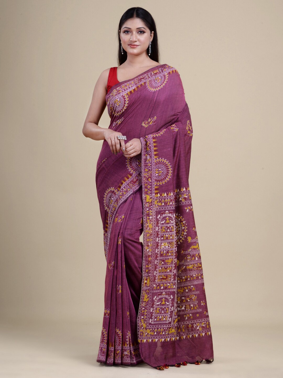 

Laa Calcutta Magenta & Yellow Ethnic Motifs Silk Cotton Jamdani Saree