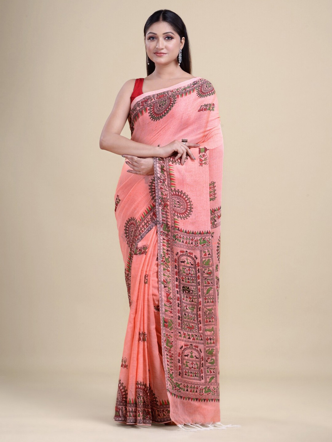 

Laa Calcutta Peach-Coloured & Brown Ethnic Motifs Silk Cotton Jamdani Saree