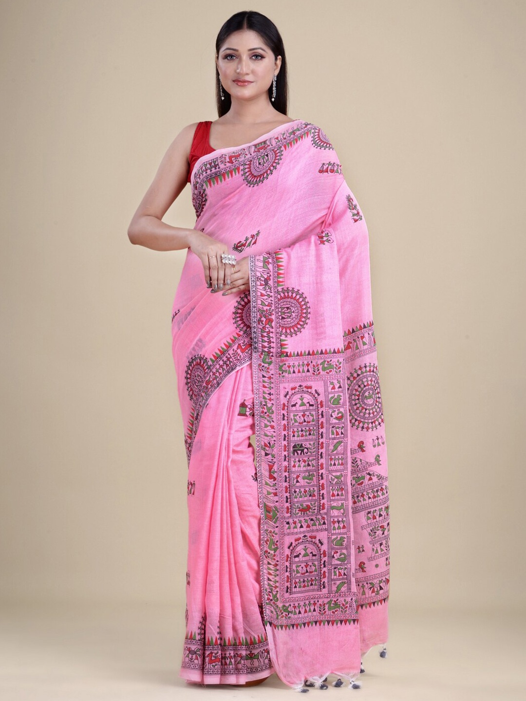 

Laa Calcutta Pink & Red Ethnic Motifs Silk Cotton Jamdani Saree