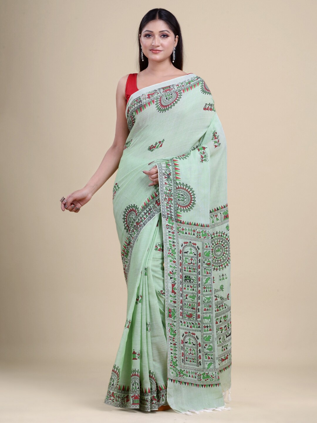 

Laa Calcutta Green & Red Ethnic Motifs Silk Cotton Jamdani Saree