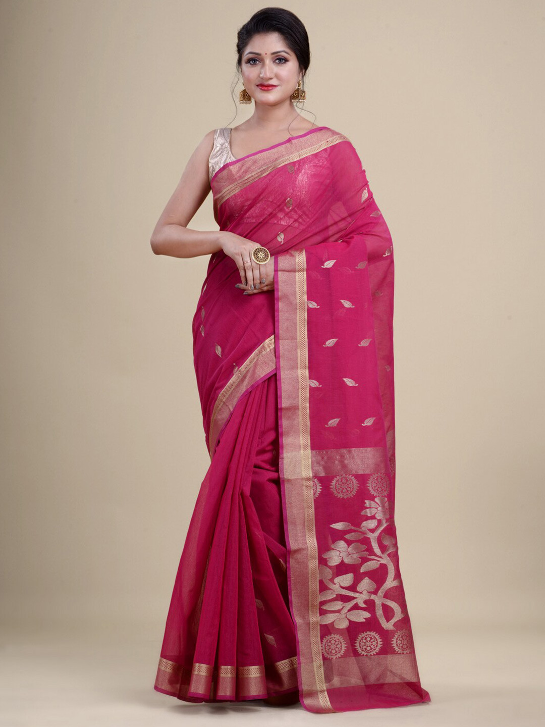 

Laa Calcutta Violet & Gold-Toned Woven Design Zari Silk Cotton Jamdani Saree