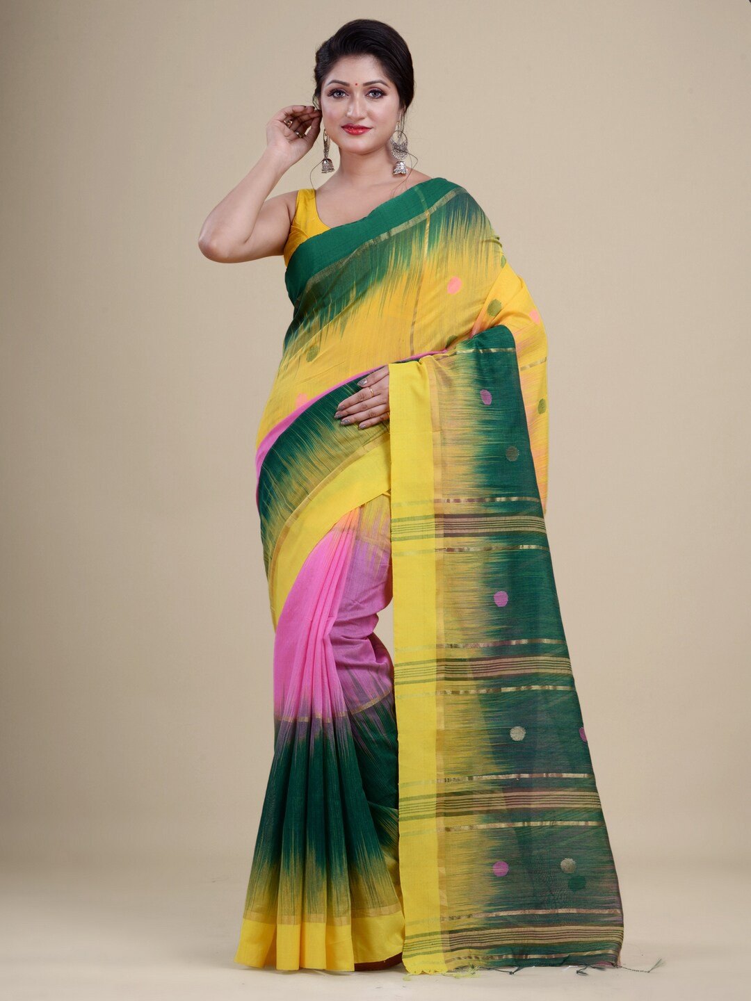 

Laa Calcutta Pink & Yellow Woven Design Silk Cotton Jamdani Saree