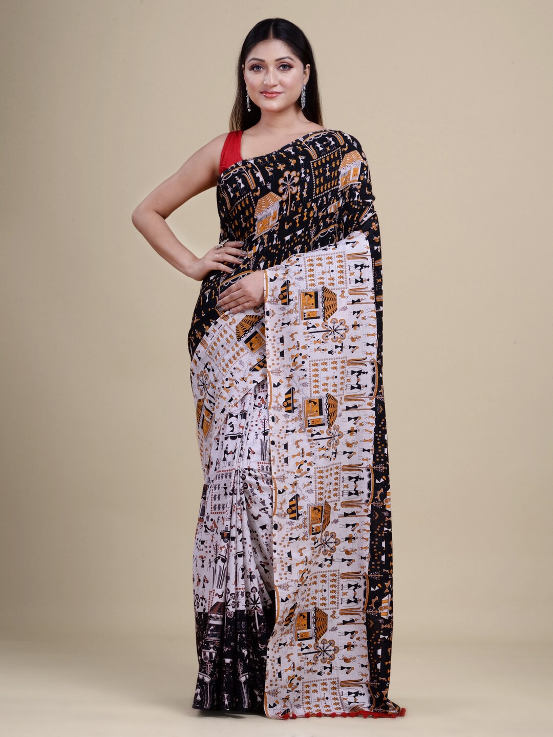 

Laa Calcutta Black & White Ethnic Motifs Silk Cotton Jamdani Saree