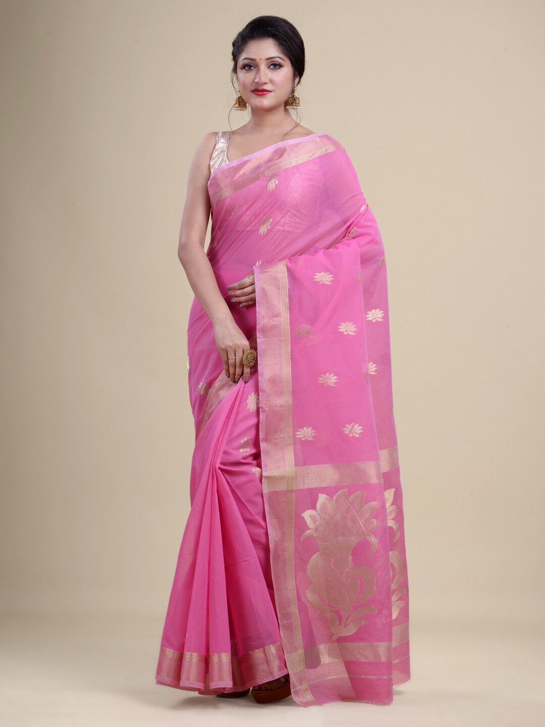 

Laa Calcutta Pink & Gold-Toned Woven Design Zari Silk Cotton Jamdani Saree