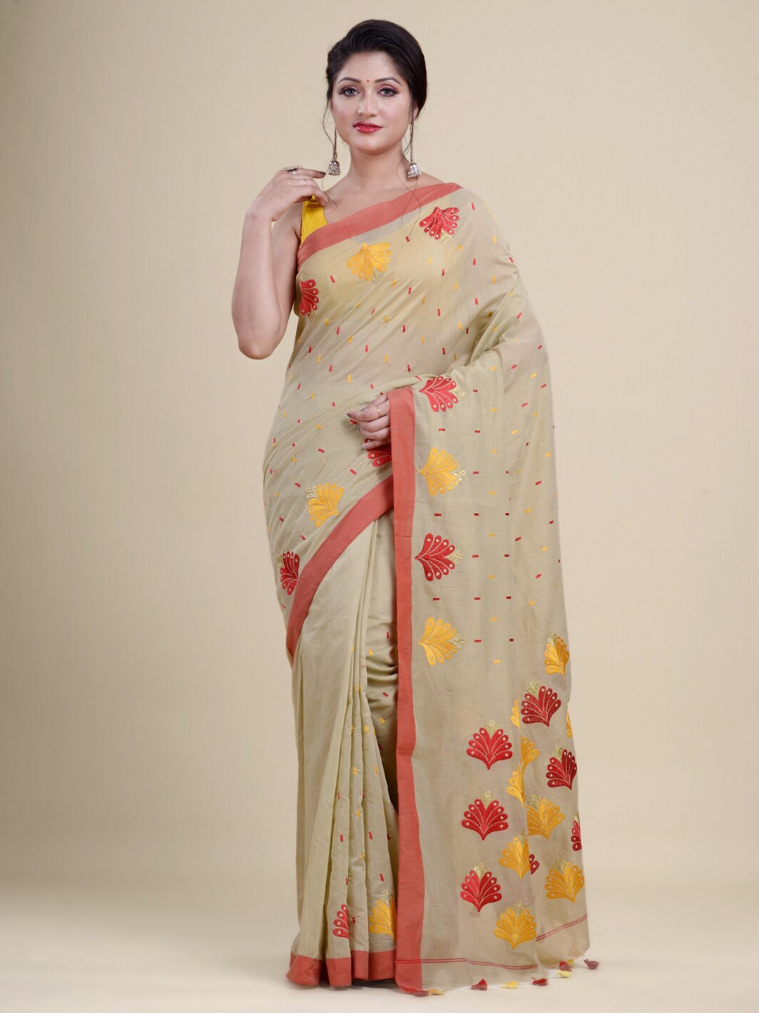 

Laa Calcutta Gold-Toned & Yellow Woven Design Silk Cotton Jamdani Saree