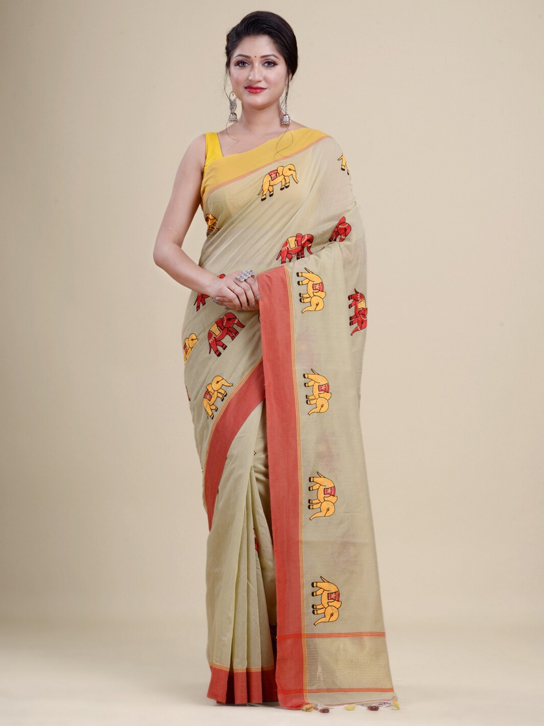 

Laa Calcutta Gold-Toned & Yellow Woven Design Zari Silk Cotton Jamdani Saree