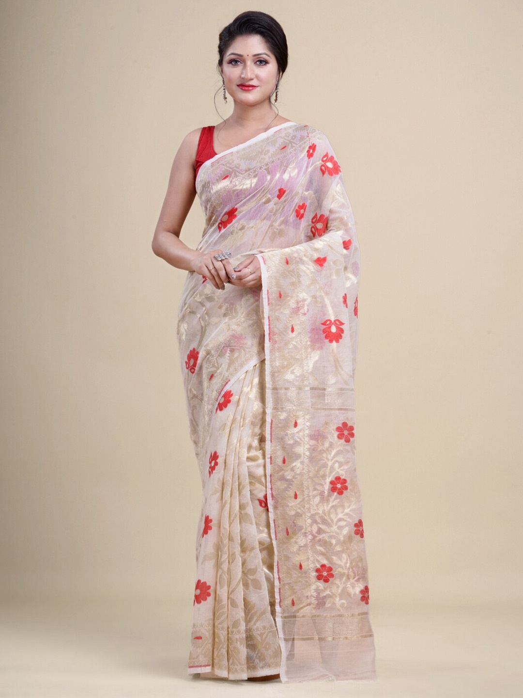 

Laa Calcutta Off White & Gold-Toned Woven Design Silk Cotton Jamdani Saree