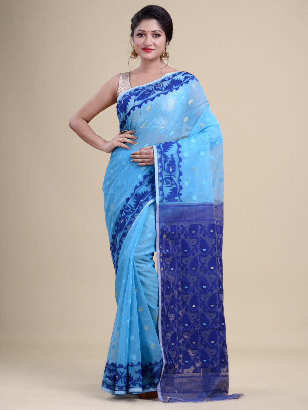 

Laa Calcutta Blue Woven Design Zari Silk Cotton Jamdani Saree