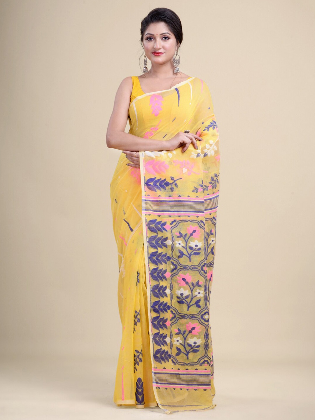 

Laa Calcutta Yellow & Blue Woven Design Zari Silk Cotton Jamdani Saree