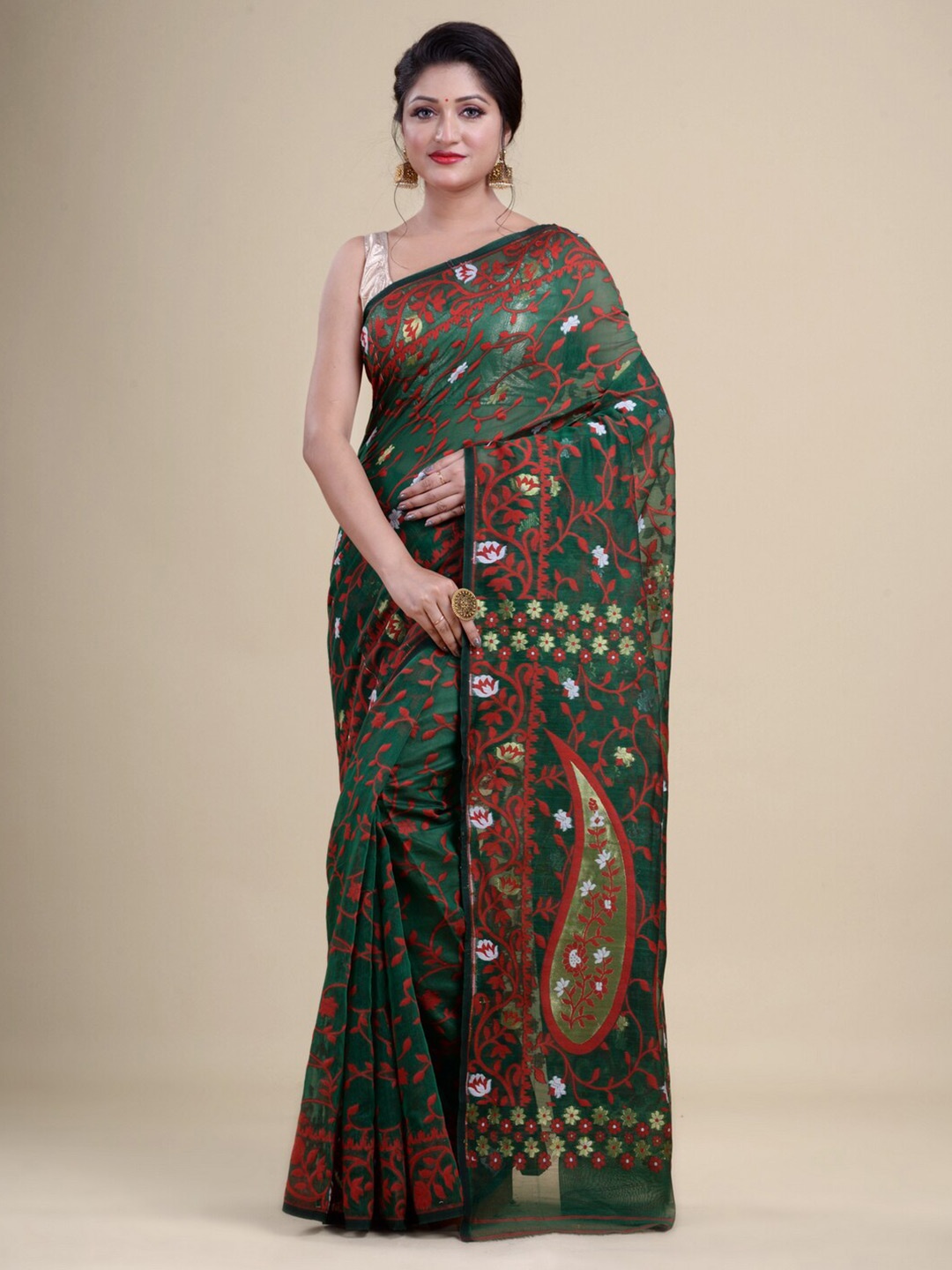 

Laa Calcutta Green & Red Woven Design Zari Silk Cotton Jamdani Saree