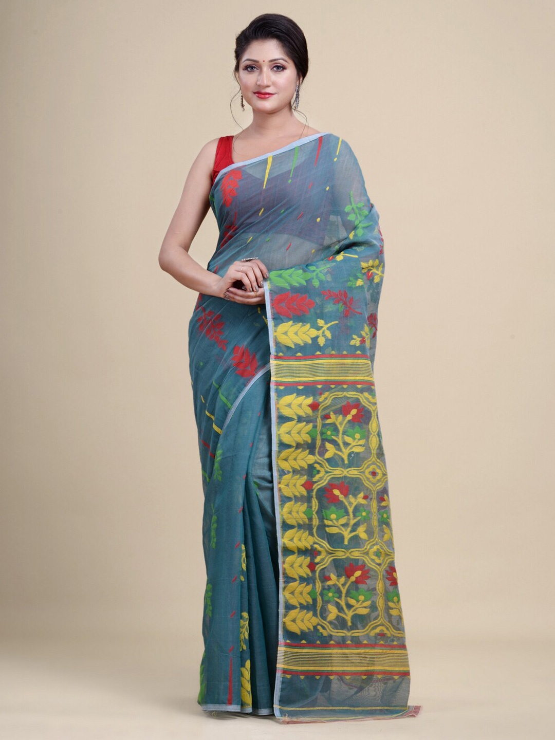 

Laa Calcutta Green & Yellow Woven Design Silk Cotton Jamdani Saree