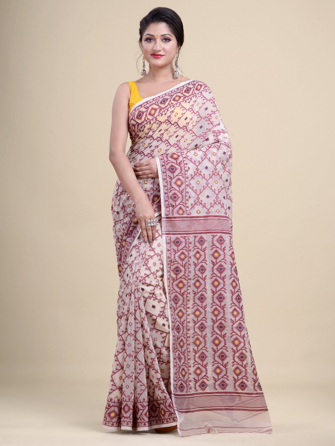 

Laa Calcutta Off White & Maroon Woven Design Silk Cotton Jamdani Saree