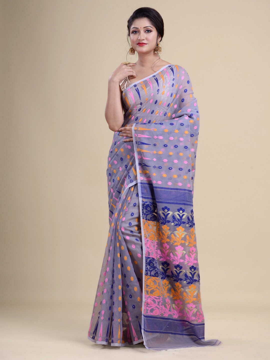 

Laa Calcutta Grey & Orange Woven Design Silk Cotton Jamdani Saree