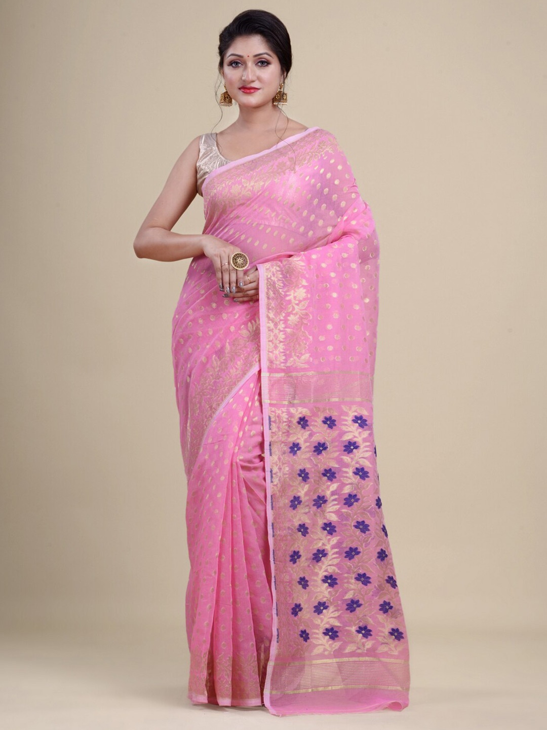 

Laa Calcutta Pink & Blue Woven Design Zari Silk Cotton Jamdani Saree