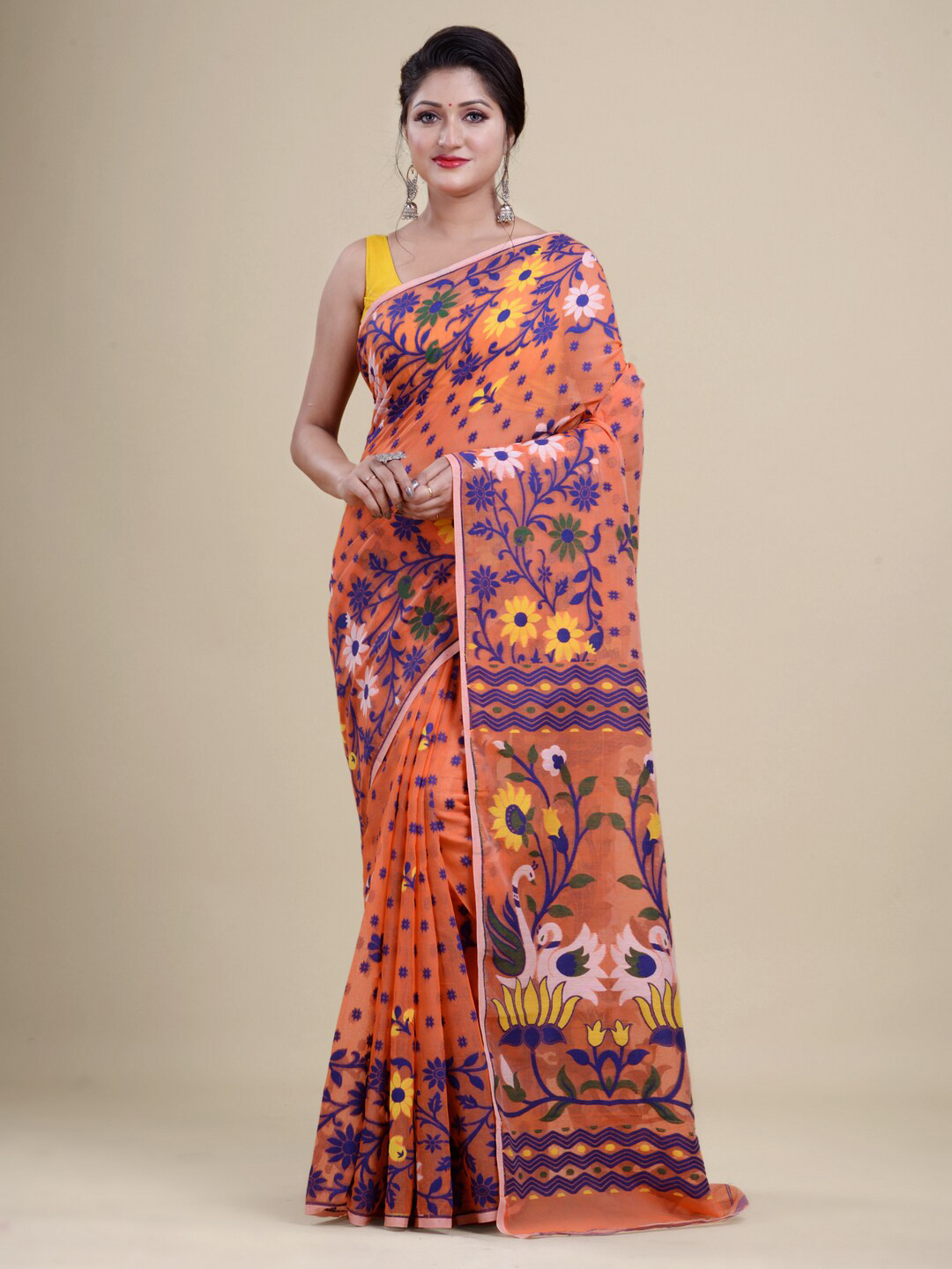 

Laa Calcutta Orange & Blue Woven Design Silk Cotton Jamdani Saree