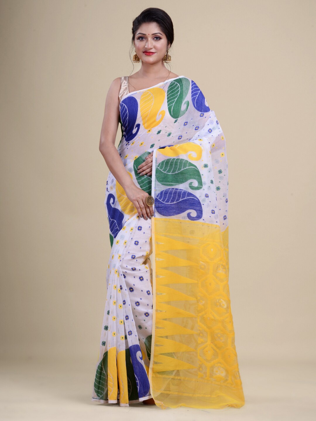 

Laa Calcutta White & Yellow Woven Design Zari Silk Cotton Jamdani Saree