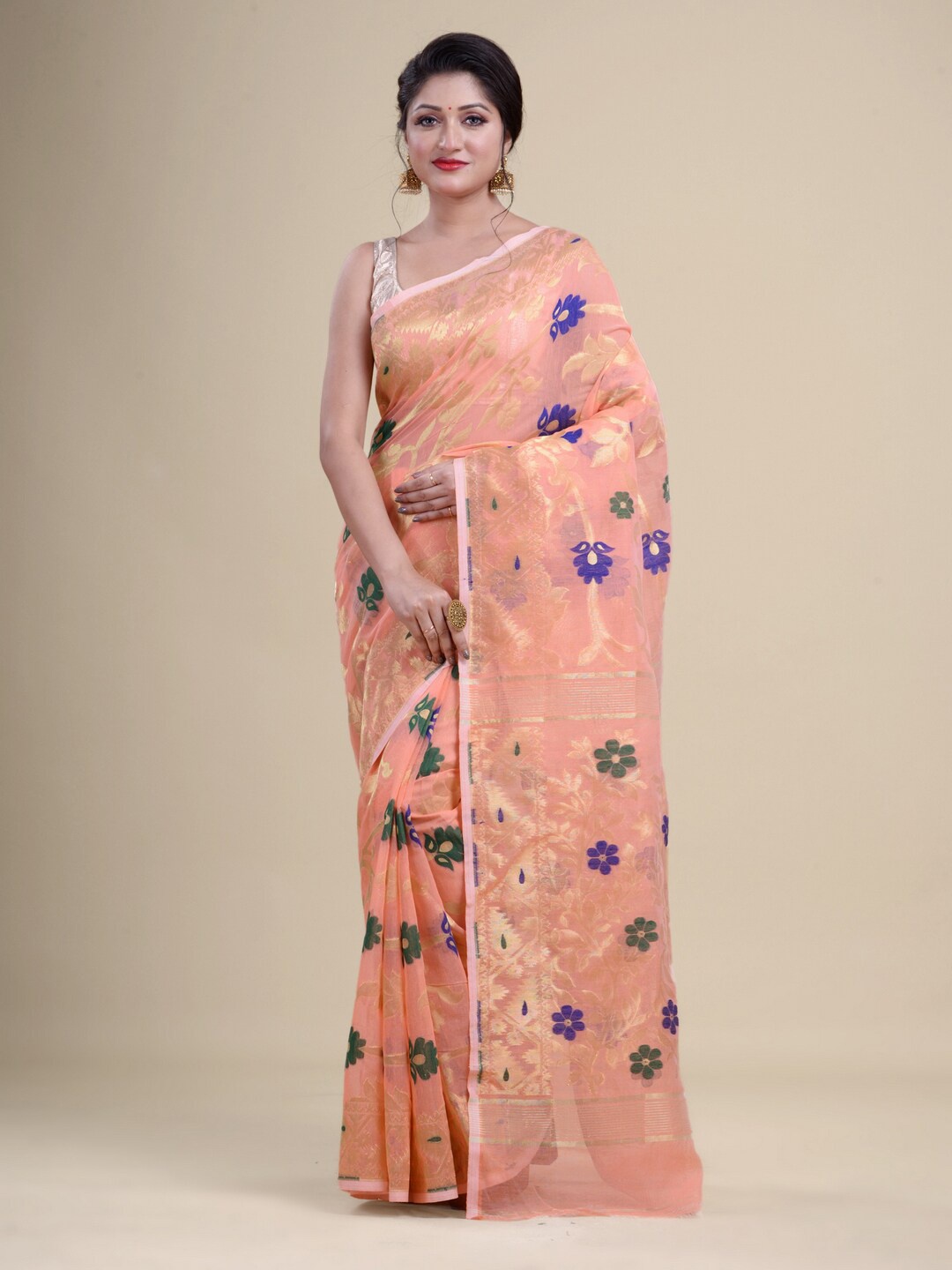 

Laa Calcutta Peach-Coloured & Gold-Toned Woven Design Zari Silk Cotton Jamdani Saree