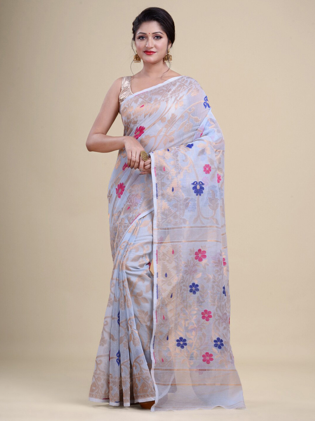 

Laa Calcutta Blue & Gold-Toned Woven Design Silk Cotton Jamdani Saree