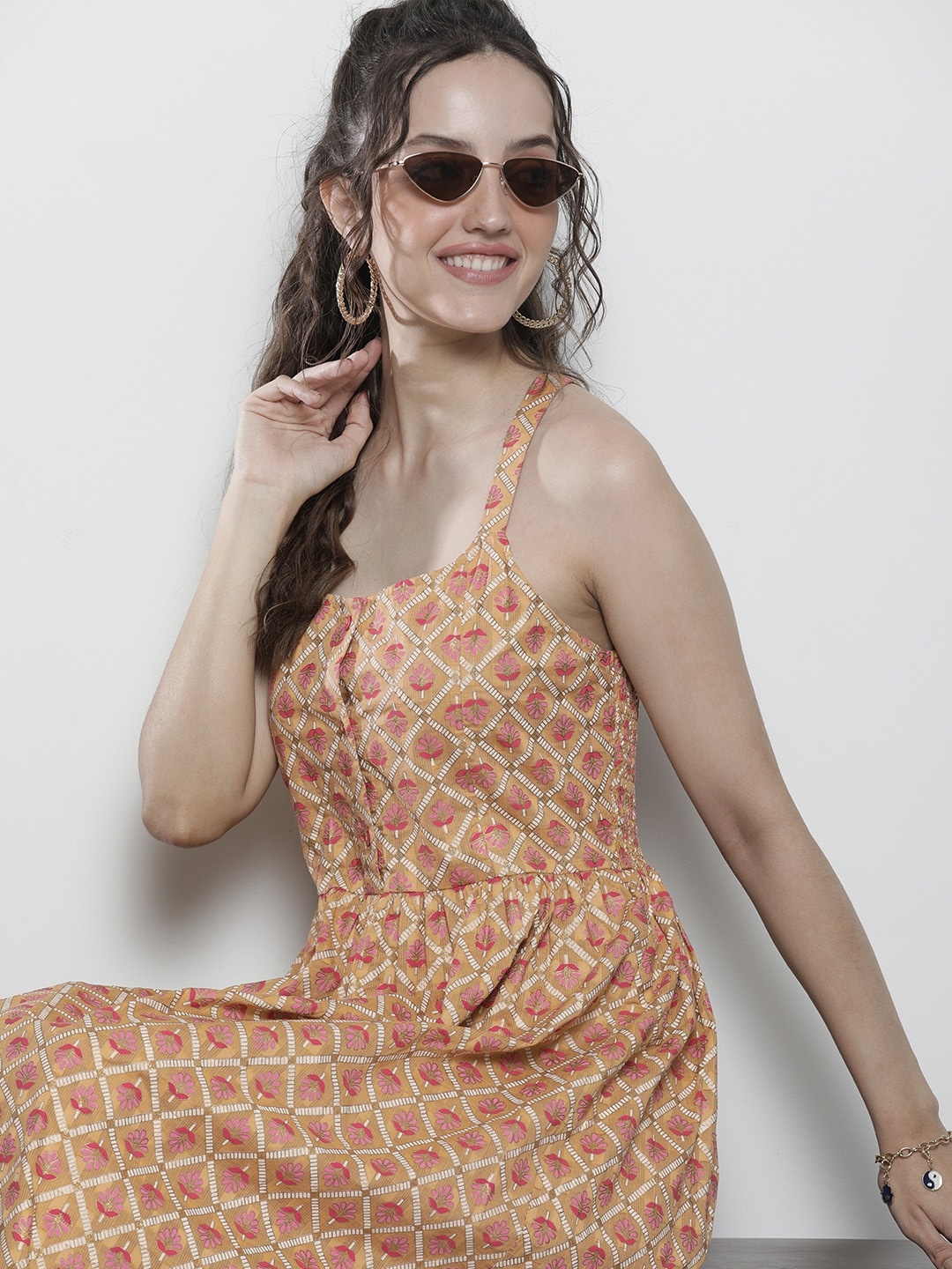 

Ode by House of Pataudi Women Brown & Pink Printed Rozana Ethnic A-Line Midi Dress