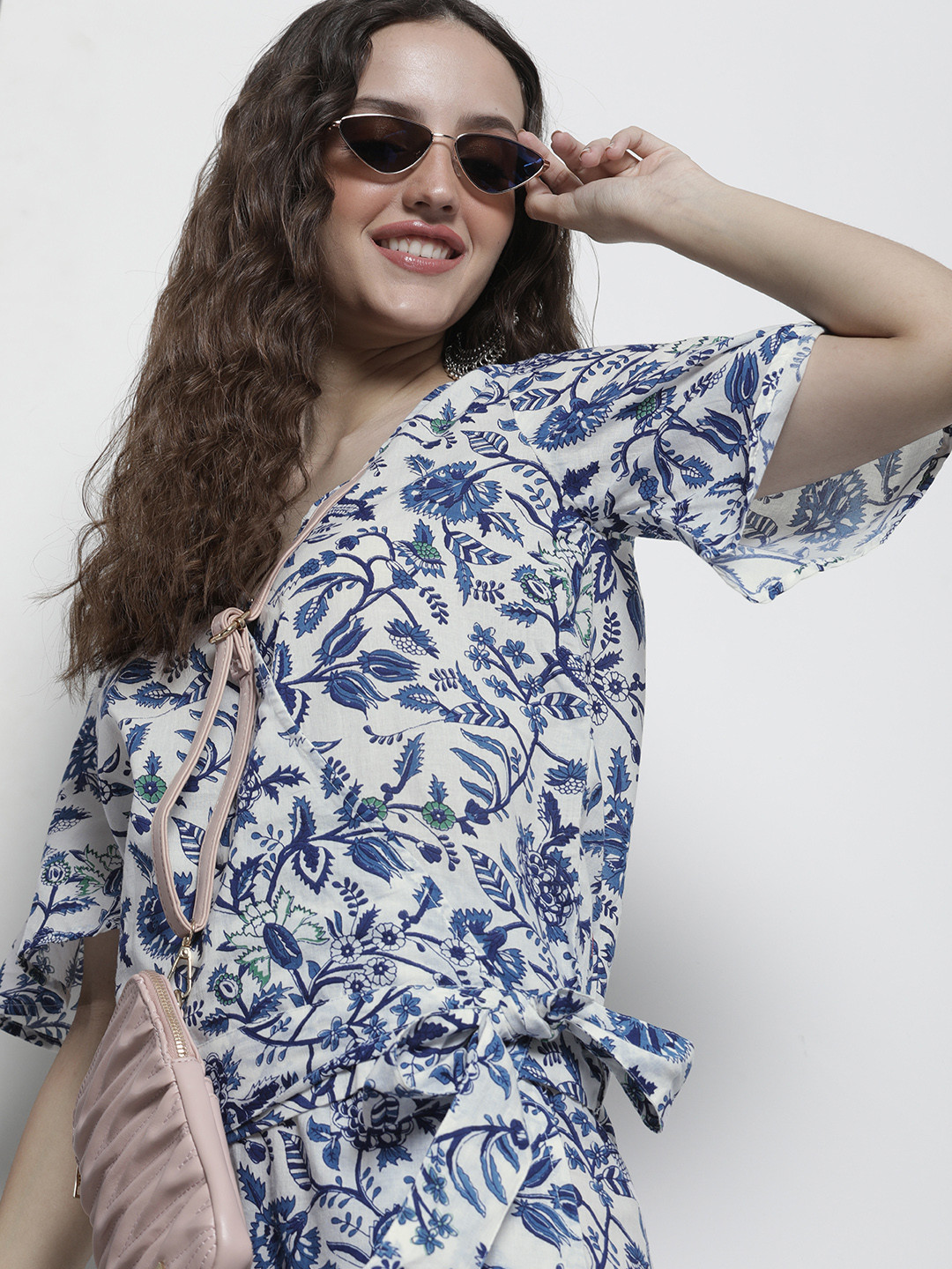 

Ode by House of Pataudi Women White & Blue Floral Print Wrap Top