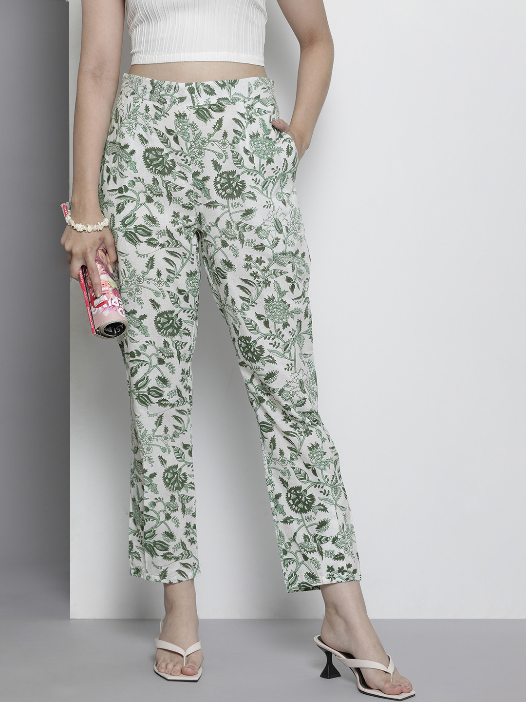 

Ode by House of Pataudi Women White And Green Floral Printed Chinos Trousers