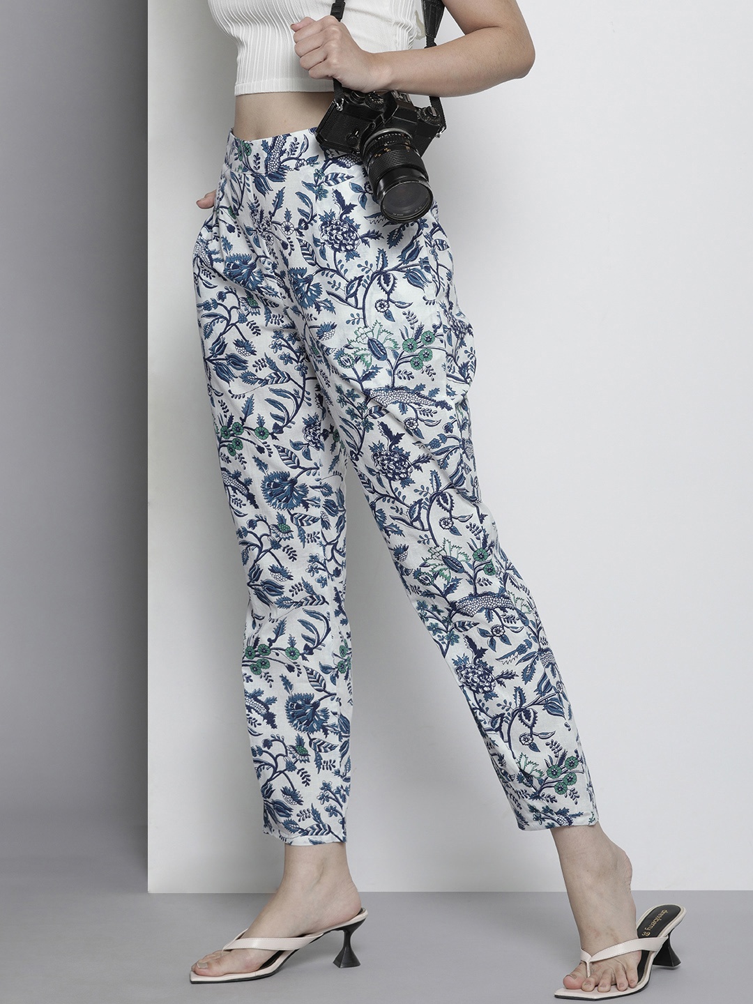 

Ode by House of Pataudi Women White And Blue Floral Printed Chinos Trousers