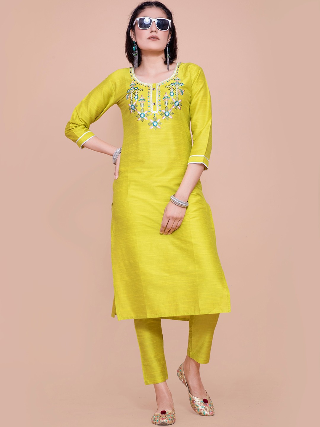 

POONAM DESIGNER Women Lime Green Floral Yoke Design Kurta with Trousers