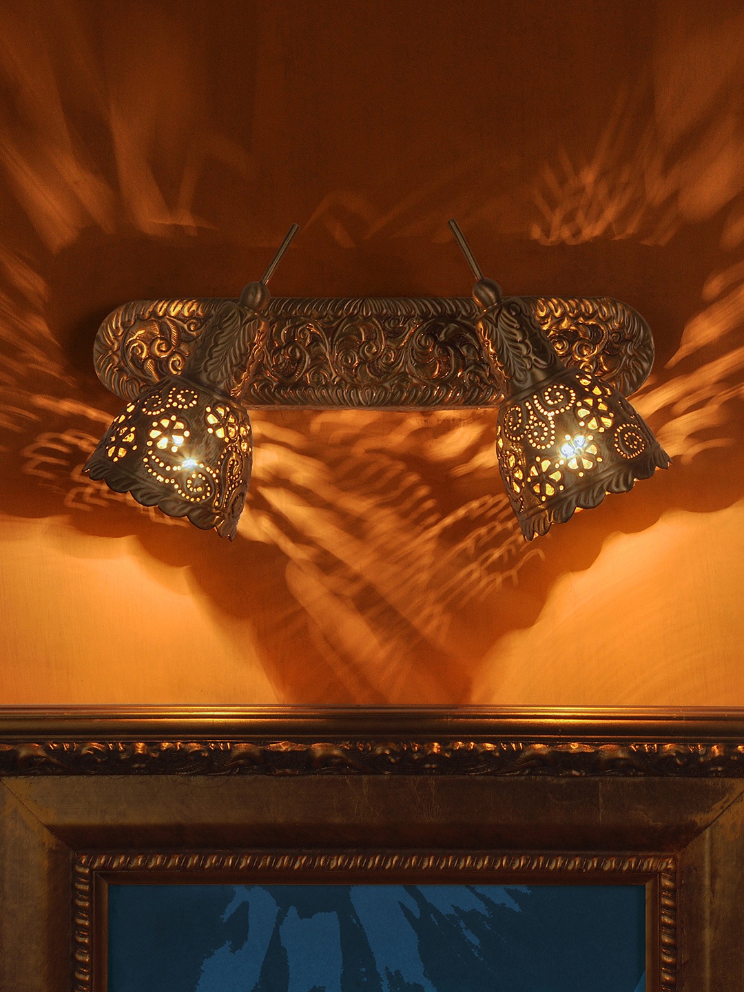 

Fos Lighting Gold-Toned Textured & Carved Brass Armed Sconces with Dual Fixtures