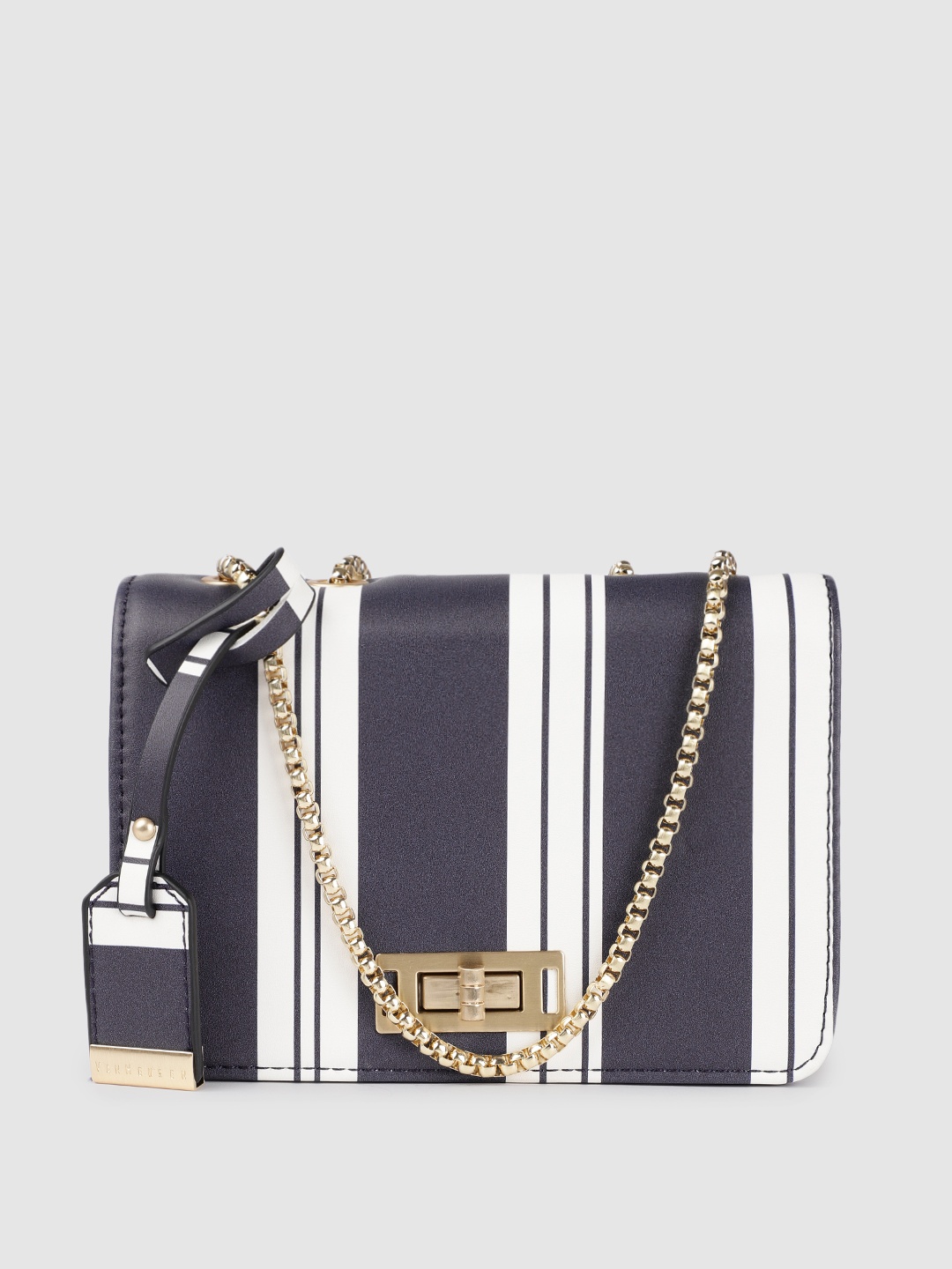 

Van Heusen Blue & White Striped Structured Sling Bag