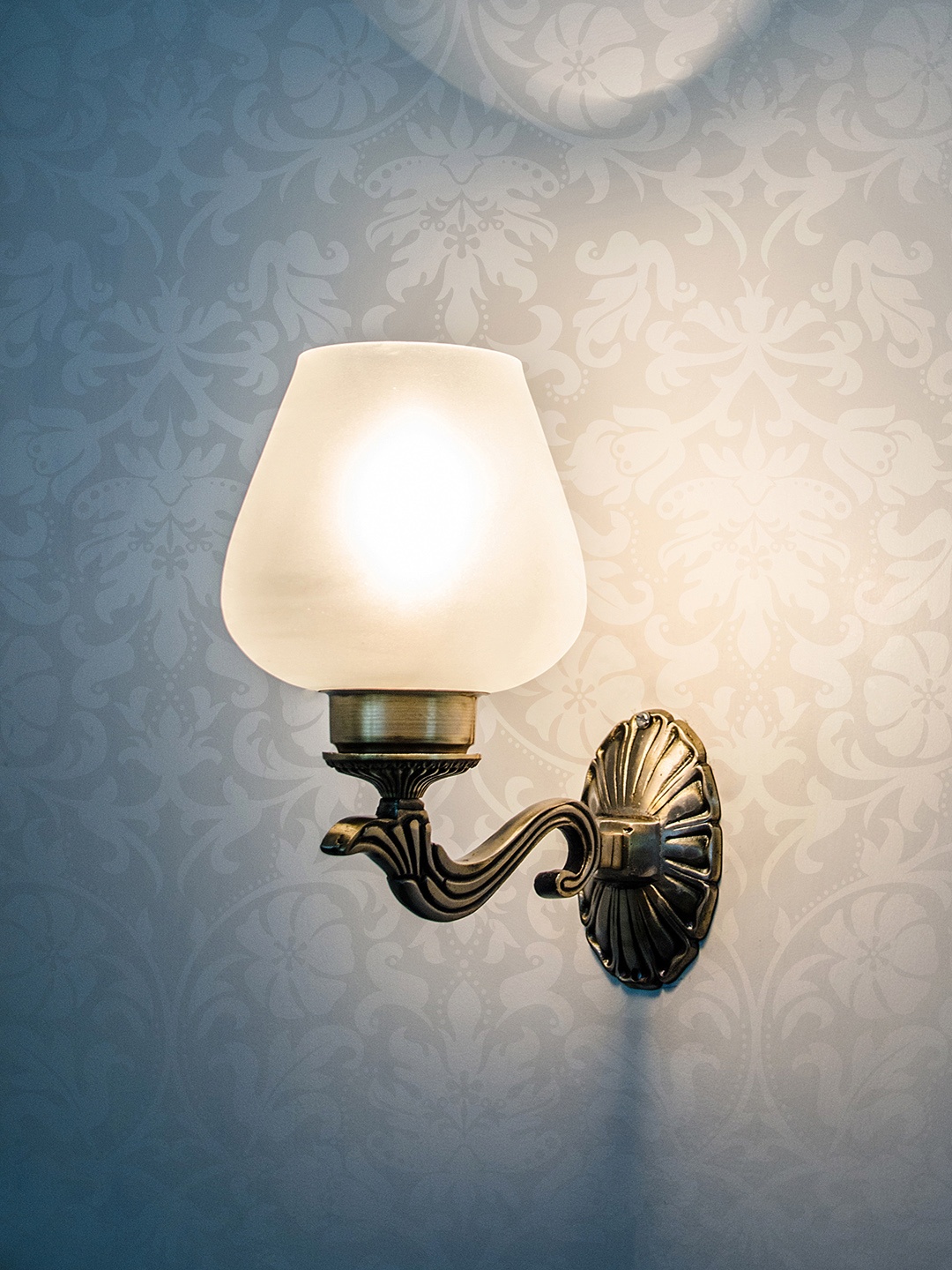 

Fos Lighting Gold-Toned & White Carved Glass Wallchiere Lamp