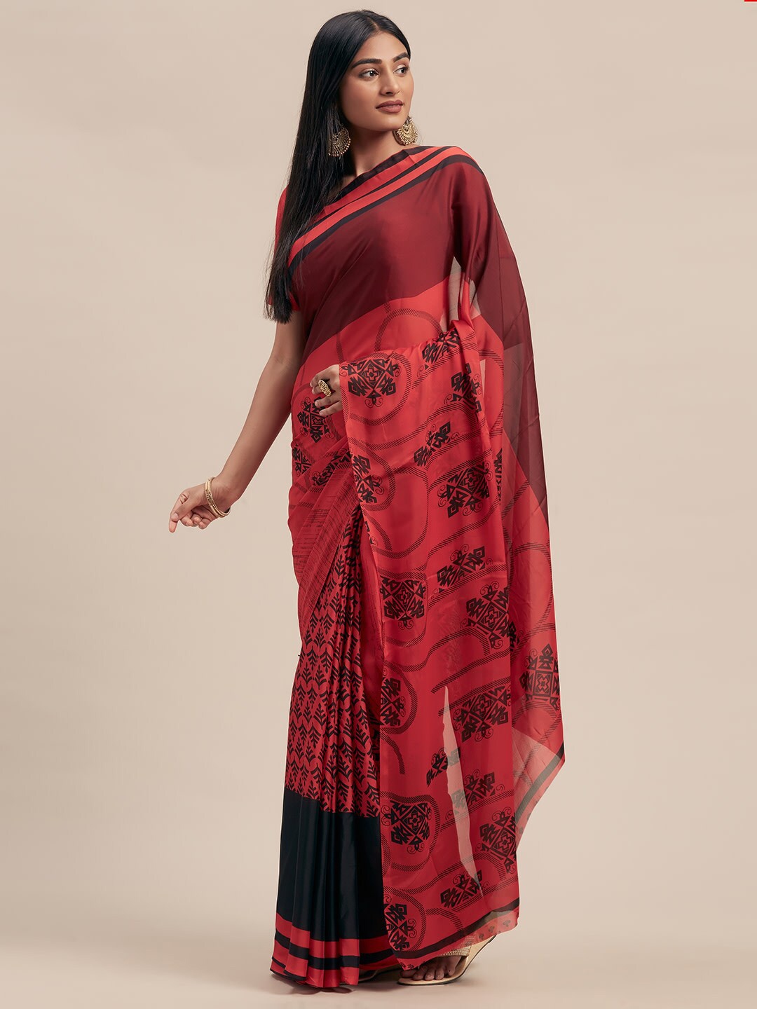 

KALINI Red & Black Ethnic Motifs Printed Poly Georgette Saree